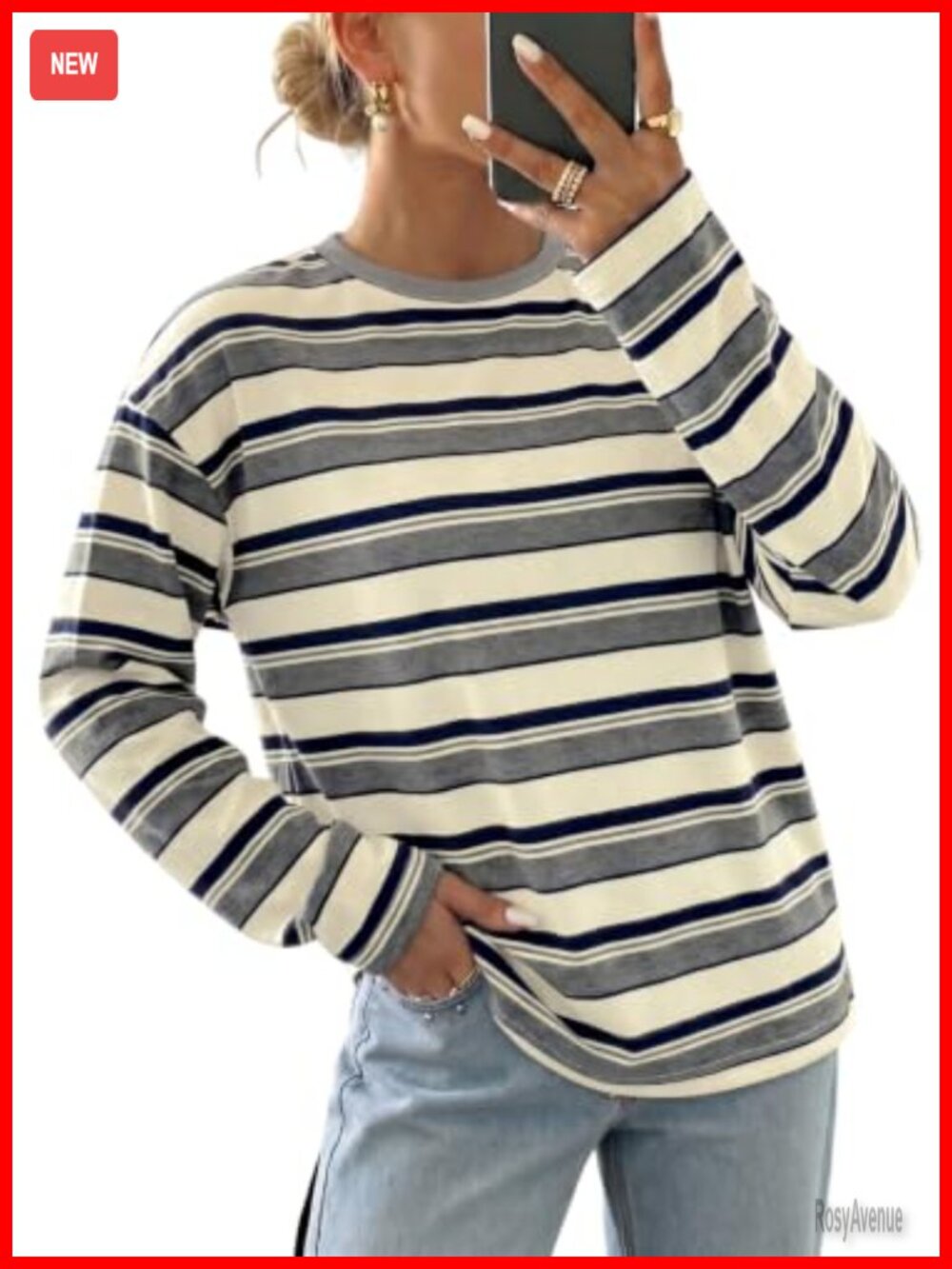 Womens Ribbed Knit Striped Long Sleeve Crew Neck Pullover Top Casual
